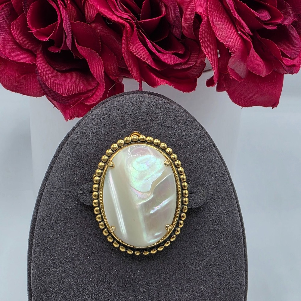 Vintage Oval Mother of Pearl Brooch Pin Gold Tone Scalloped Frame Estate Classic